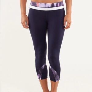 Lululemon Inspire Crop Navy Legging with Pink/Grey Band